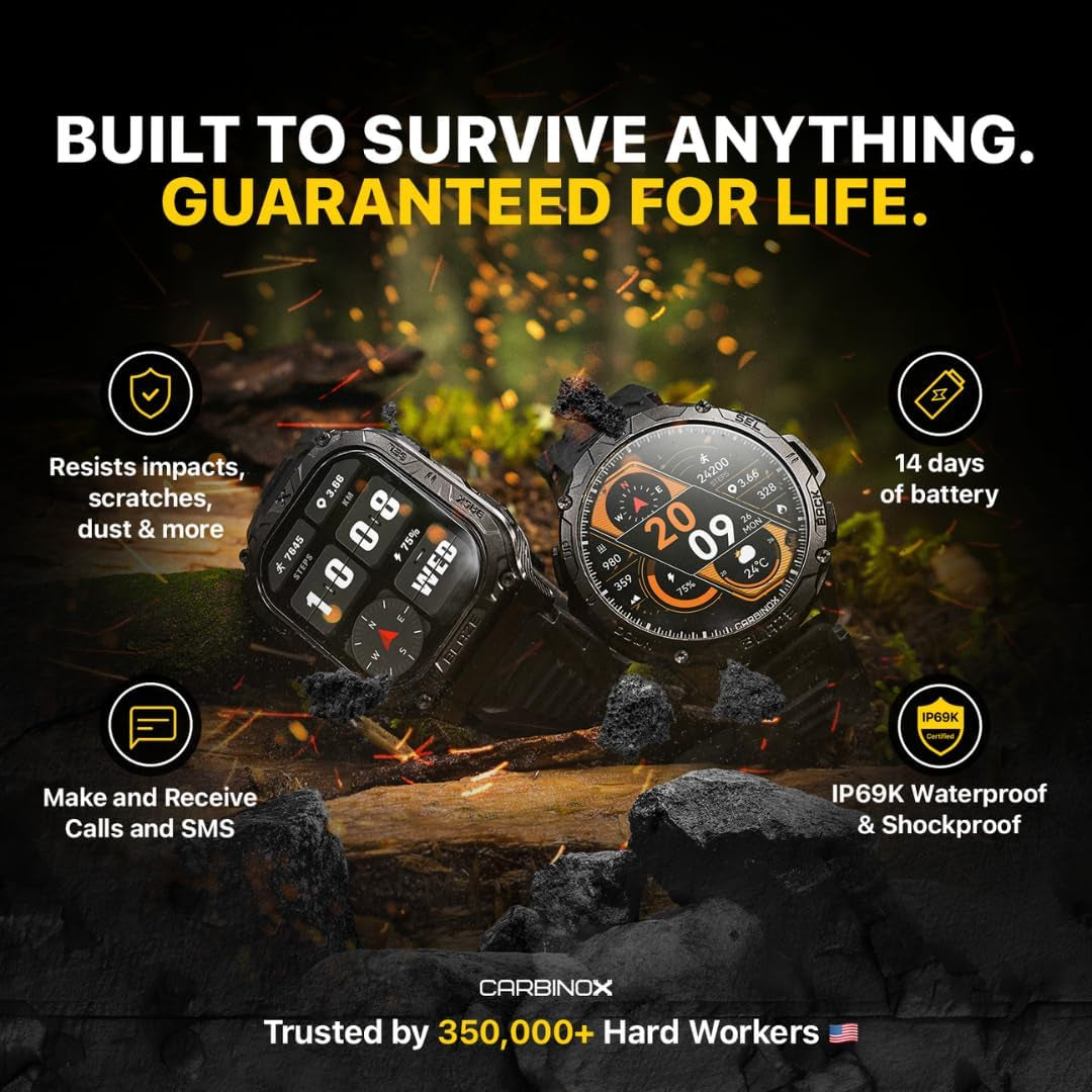 CARBINOX Blaze Smart Watch with GPS – Rugged Fitness Trackers, IP69K Waterproof, 170+ Sports Modes, Gorilla Glass, Make/Receive Calls, Android & Ios Compatible