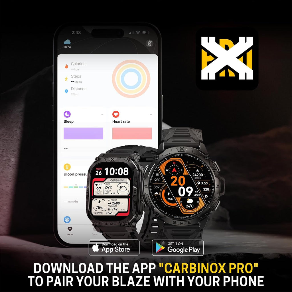 CARBINOX Blaze Smart Watch with GPS – Rugged Fitness Trackers, IP69K Waterproof, 170+ Sports Modes, Gorilla Glass, Make/Receive Calls, Android & Ios Compatible