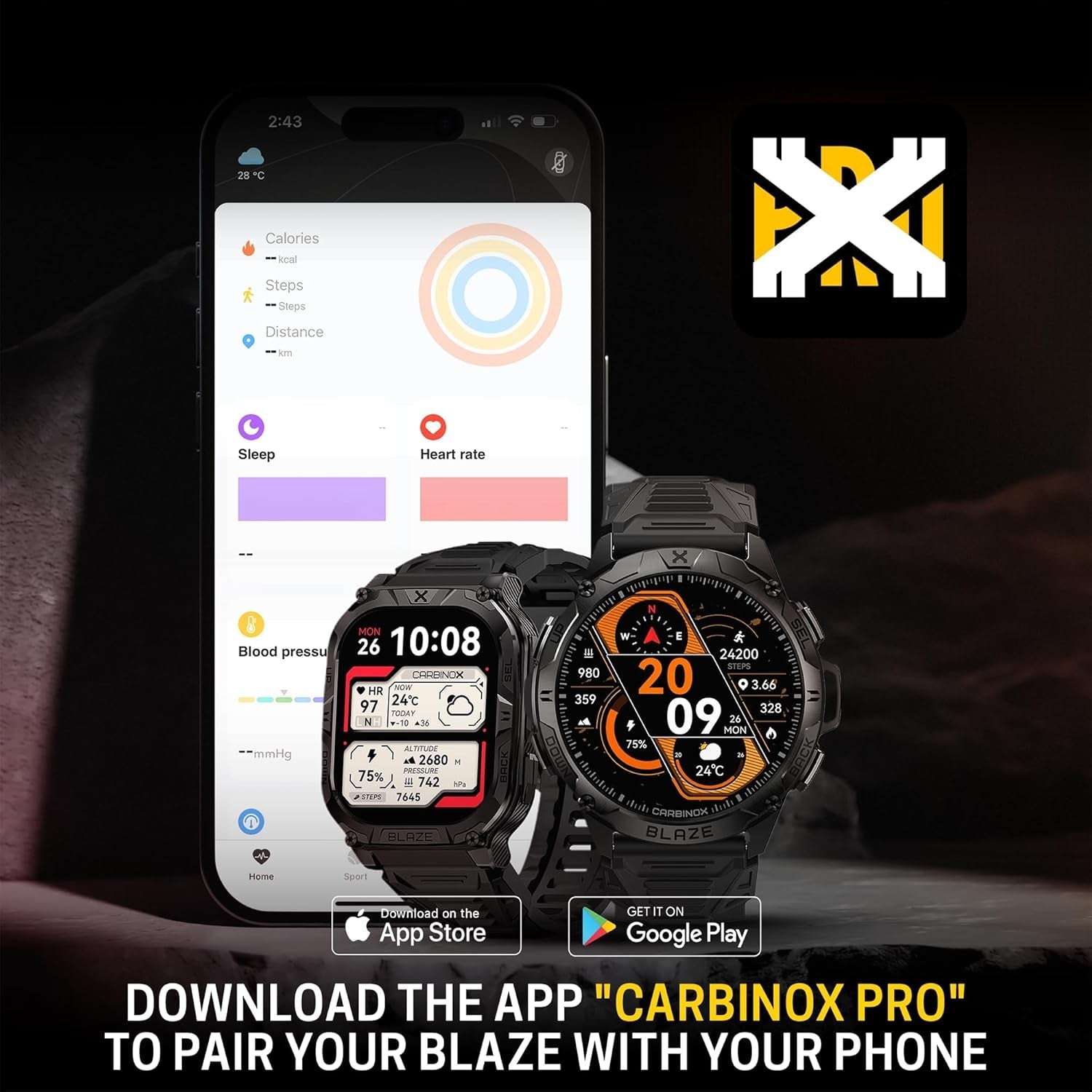 CARBINOX Blaze Smart Watch with GPS – Rugged Fitness Trackers, IP69K Waterproof, 170+ Sports Modes, Gorilla Glass, Make/Receive Calls, Android & Ios Compatible