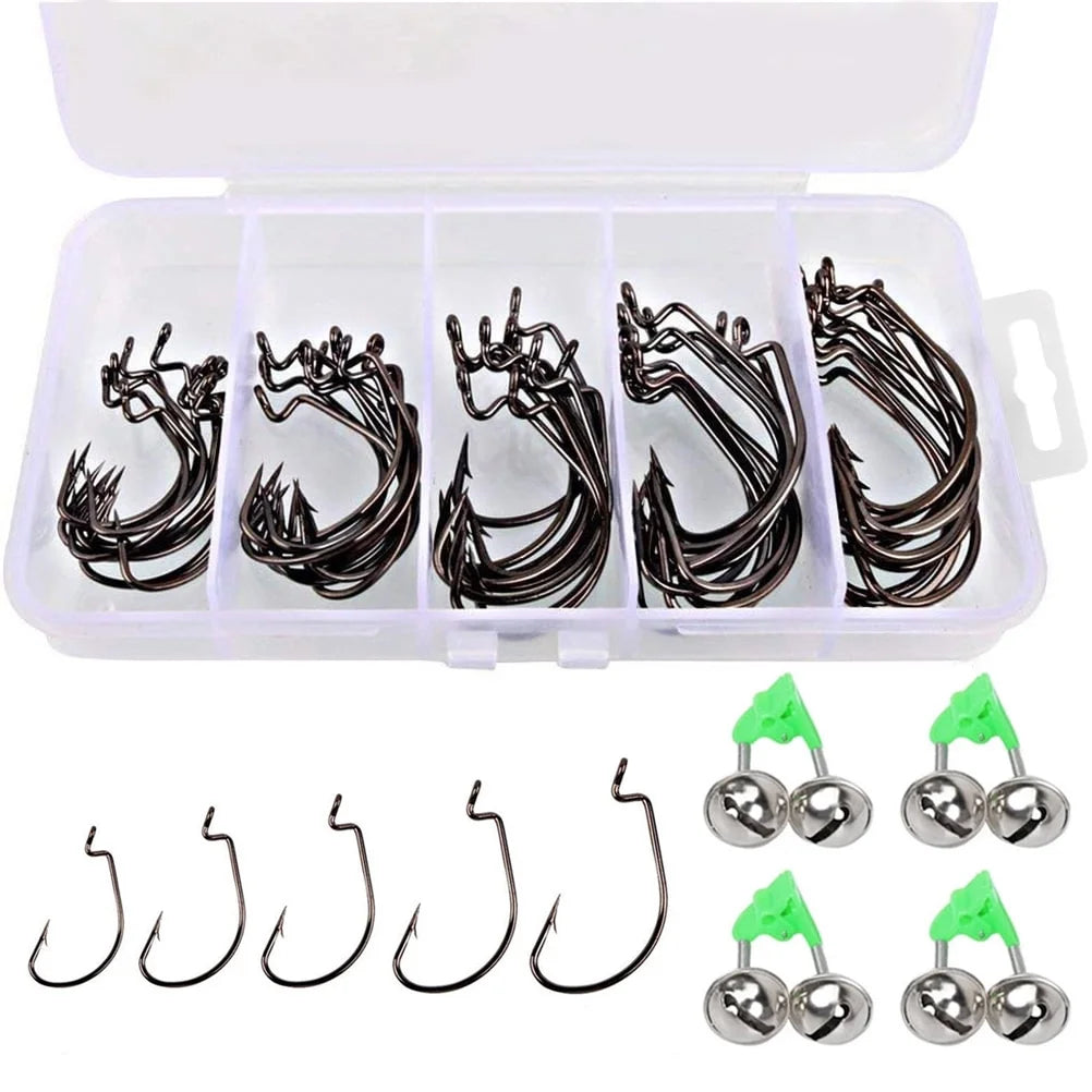 High-Carbon Steel Fish Hooks Set with Fishing Rod Bell and Storage Box - 100 Pieces, 5 Sizes