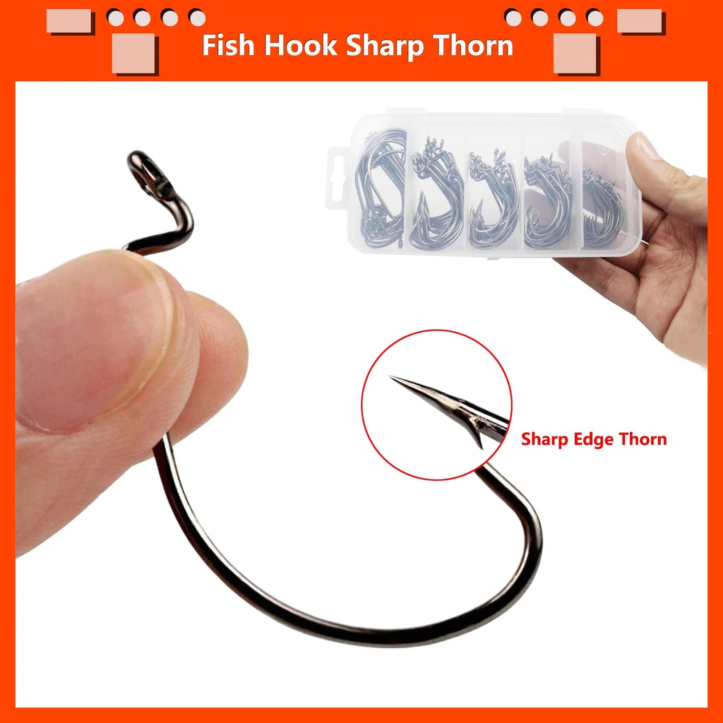 High-Carbon Steel Fish Hooks Set with Fishing Rod Bell and Storage Box - 100 Pieces, 5 Sizes