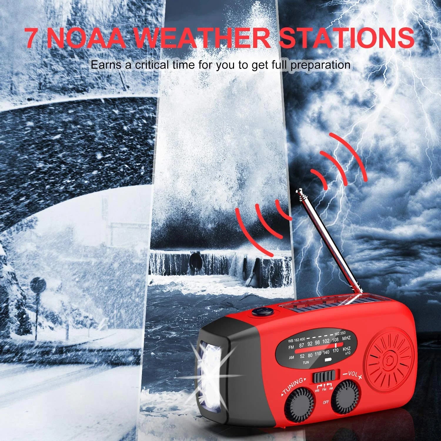 Emergency Weather Radio with Hand Crank, Solar Power, and Phone Charger