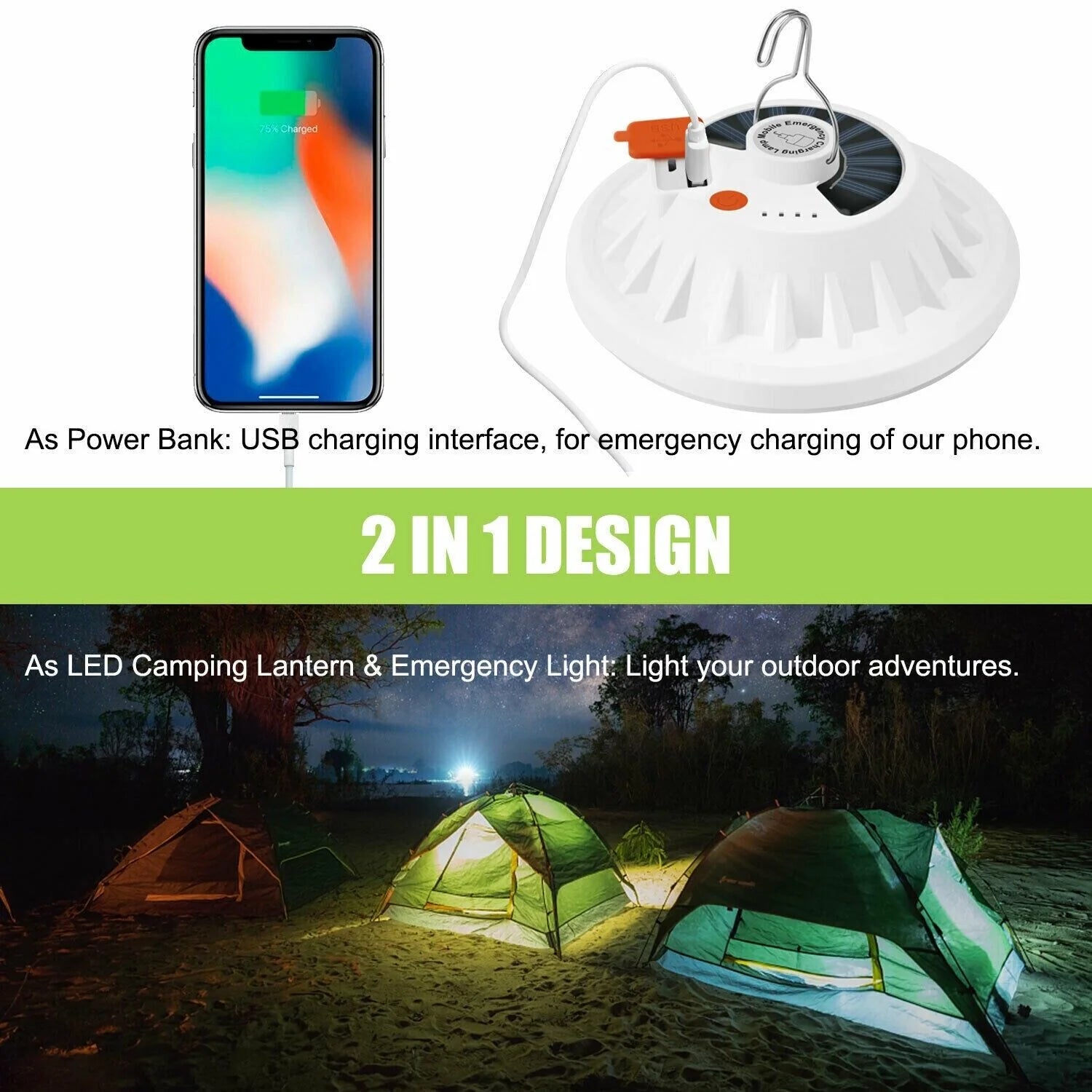 Outdoor Camping Tent Light with 60 LED, Rechargeable USB & Solar Powered - Ideal for Hiking