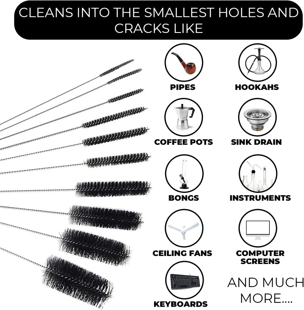 8 Inch Nylon Tube Cleaning Brush Set - Large Sizes (BLACK) - 5 Piece Kit for Bottles, Straws, Pipes, Keyboards, Glass, Guns - Heavy Duty Cleaning Brushes with Flexible Handles