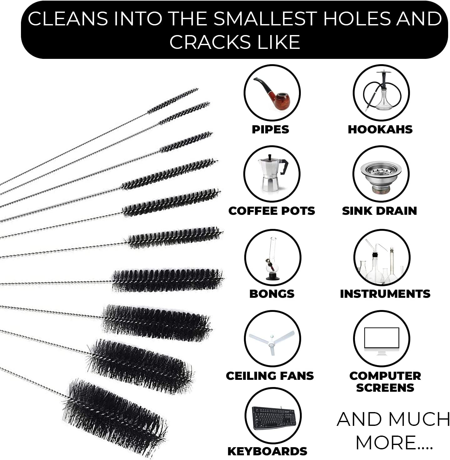 8 Inch Nylon Tube Cleaning Brush Set - Large Sizes (BLACK) - 5 Piece Kit for Bottles, Straws, Pipes, Keyboards, Glass, Guns - Heavy Duty Cleaning Brushes with Flexible Handles