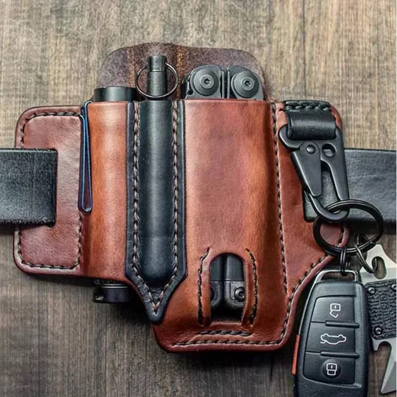 Genuine Leather Multitool Sheath – EDC Belt Pouch Holster for Knife, Flashlight & Tool