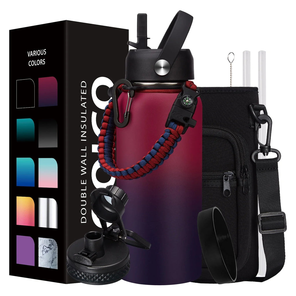32oz Stainless Steel Insulated Water Bottle with Straw and Shoulder Carrier Bag