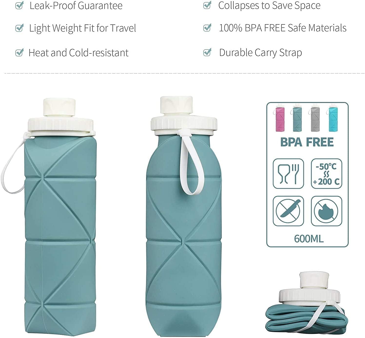 Collapsible Reusable Silicone Water Bottles with Valve for Hiking