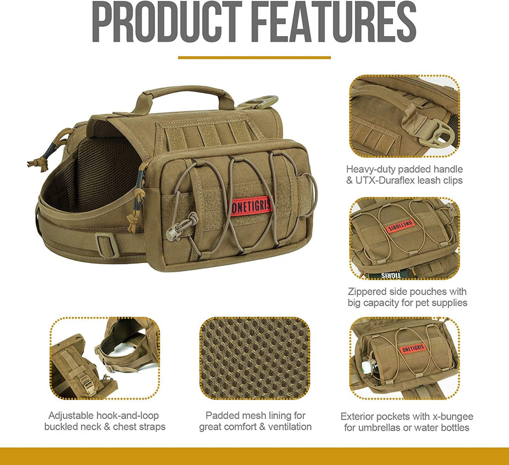 Nylon Tactical Pet Backpack for Medium & Large Dogs with Side Pockets - Ideal for Hiking, Walking, Training, and Running (Brown, Medium)