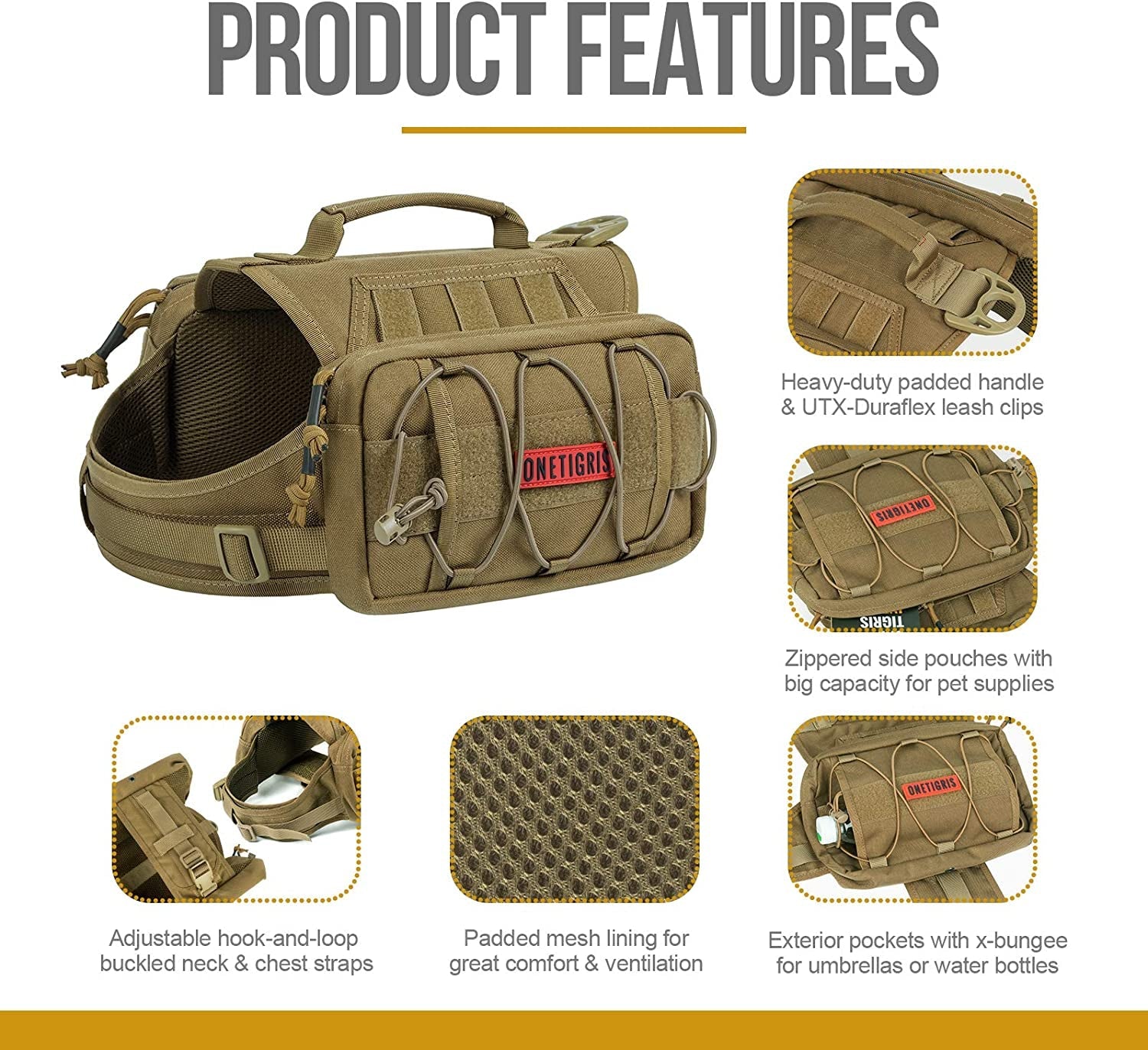 Nylon Tactical Pet Backpack for Medium & Large Dogs with Side Pockets - Ideal for Hiking, Walking, Training, and Running (Brown, Medium)