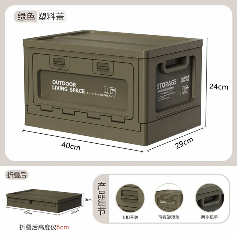 Outdoor Camping Storage Box with Trunk Organizer, Folding Bench, and Chopping Board