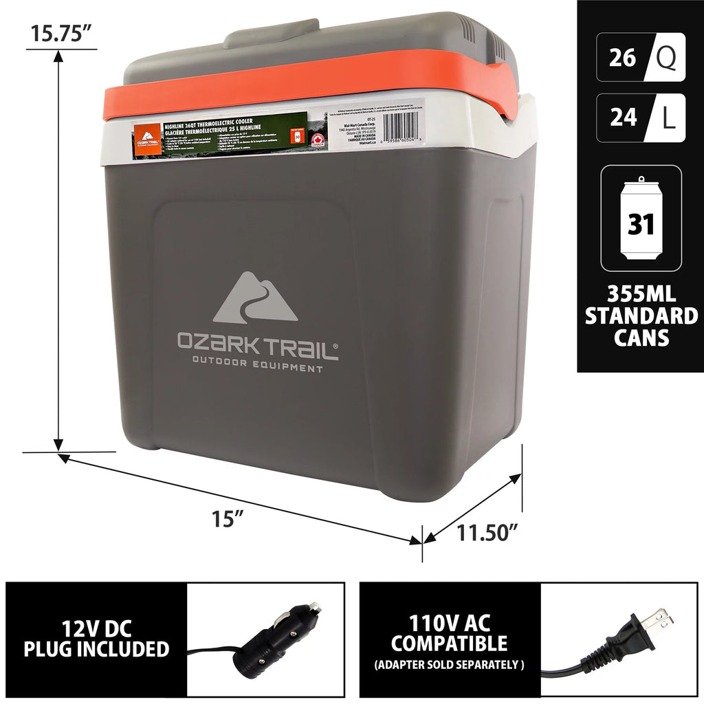 Highline 12V Portable Electric Cooler - 30 Can Capacity, 24L/26Qt, Iceless Thermoelectric Car Cooler in Grey