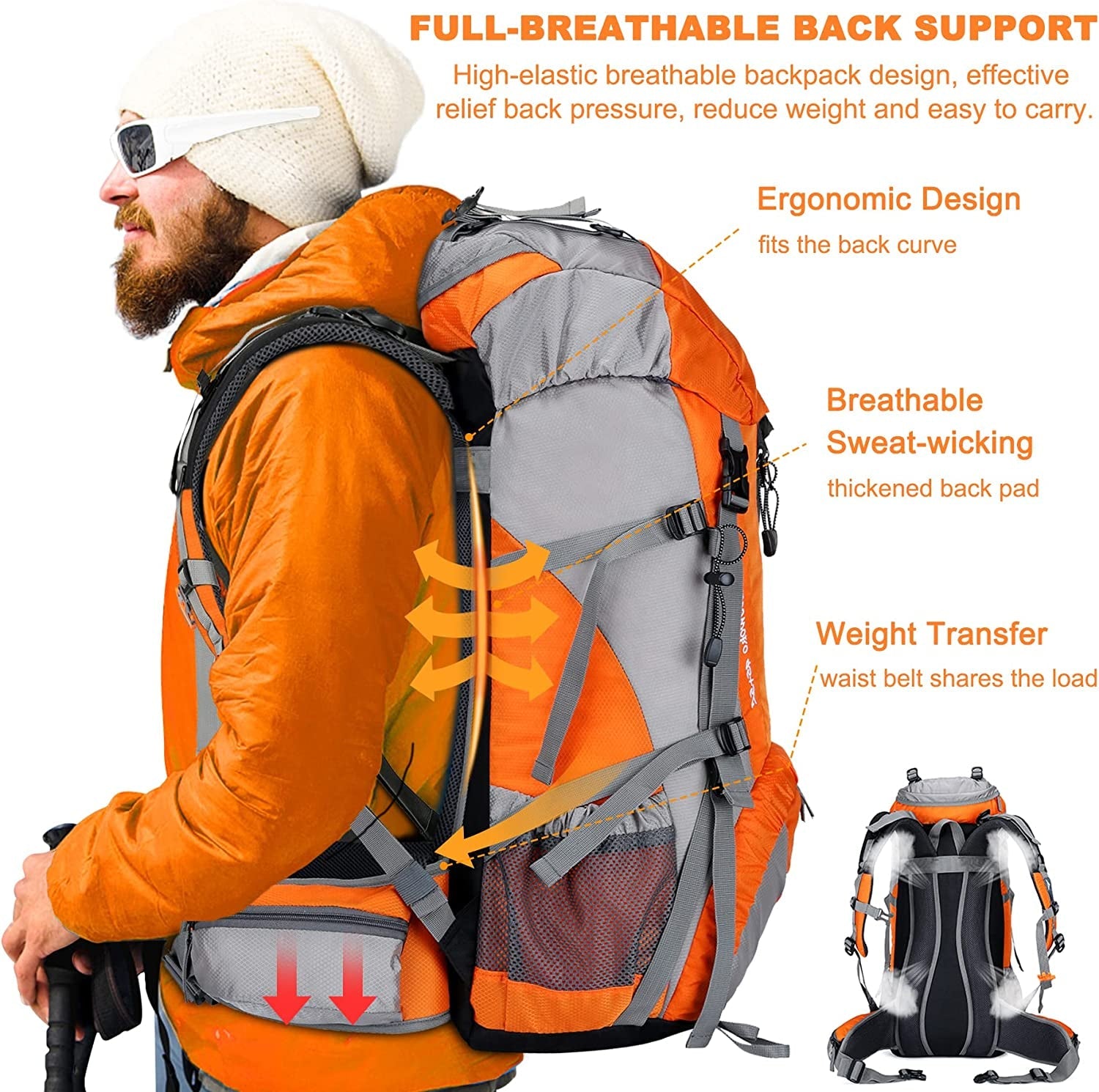 50L Waterproof Hiking Backpack with Rain Cover and Lightweight Design