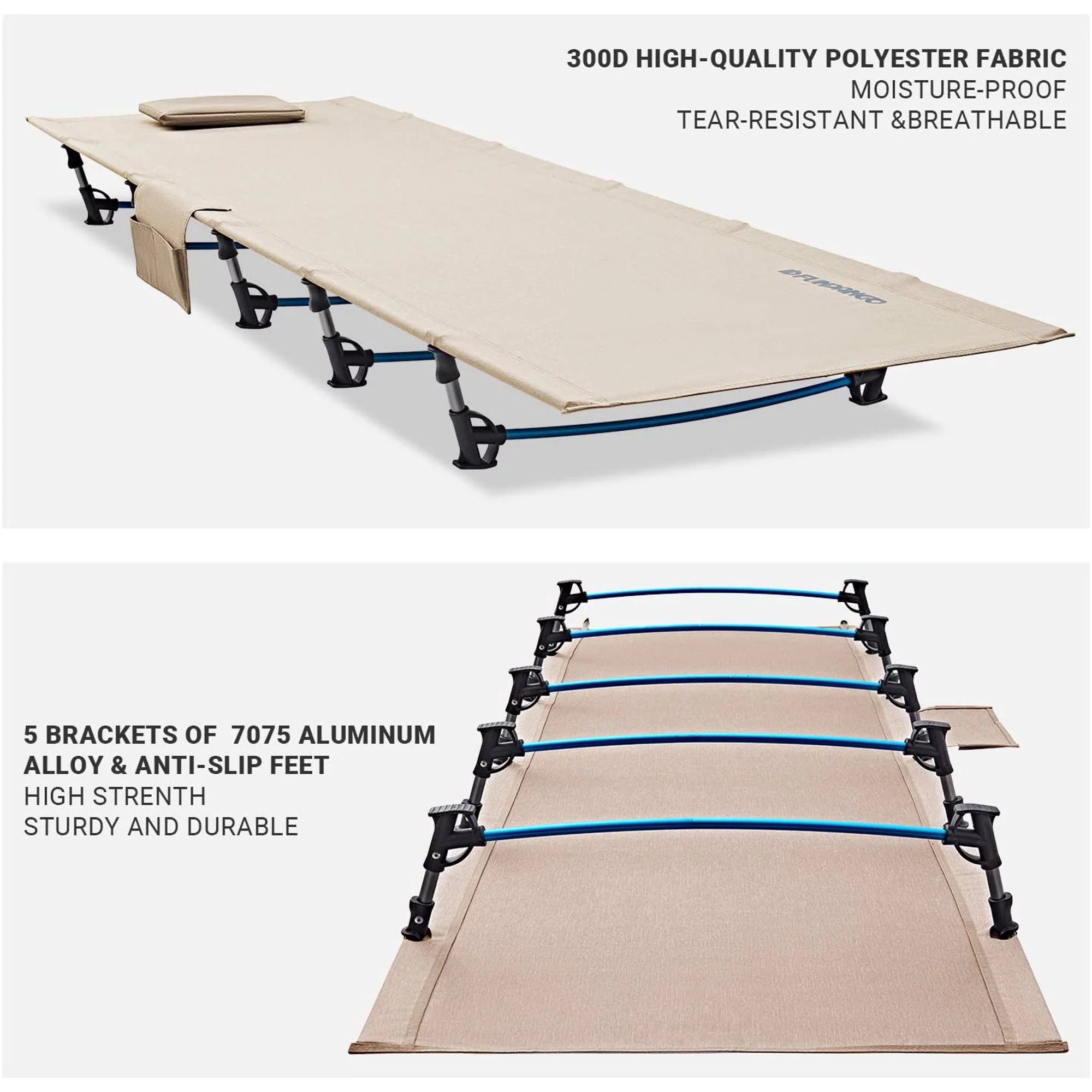Folding Camping Cot Bed for Adults, Lightweight and Compact, Supports 265 lbs - Beige