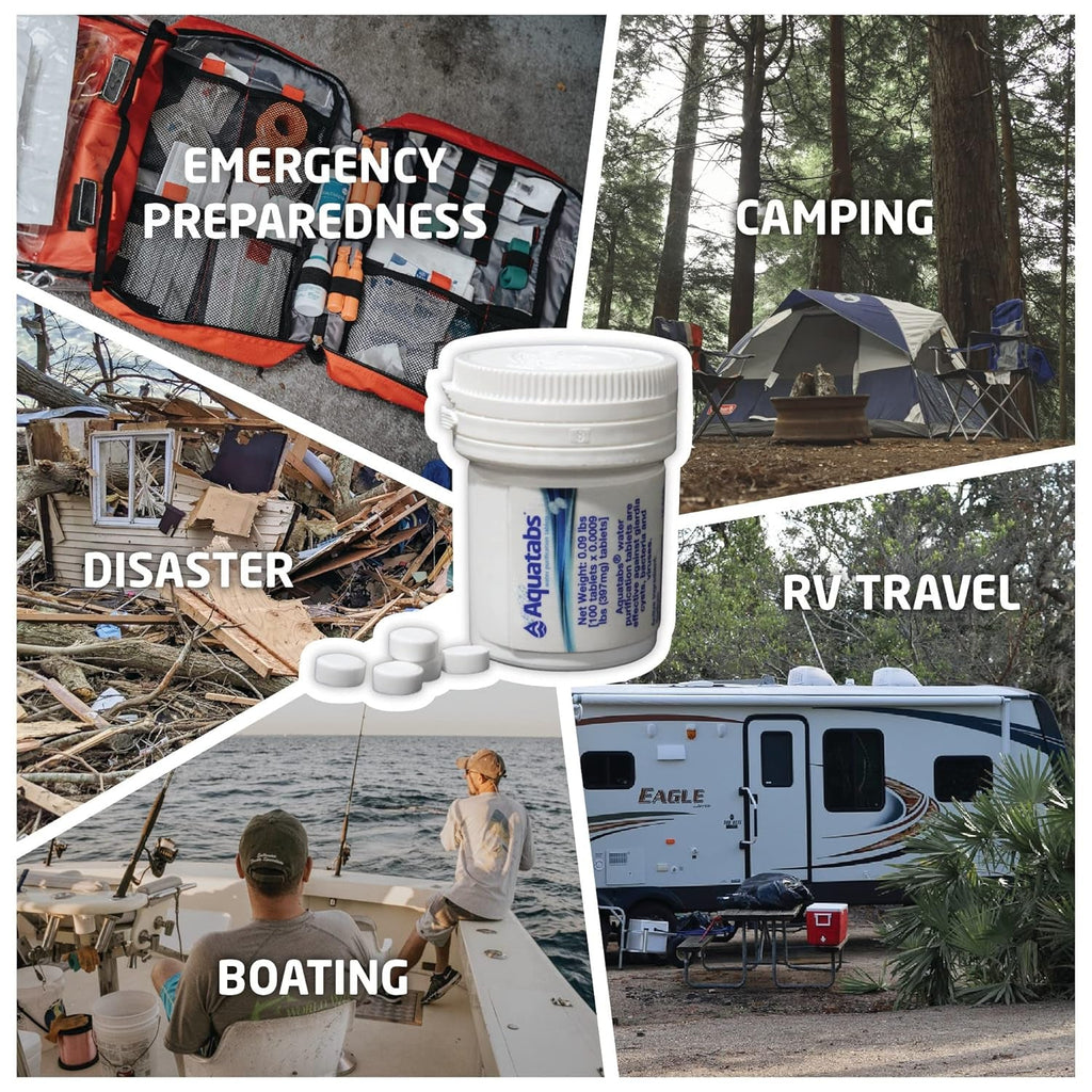 Aquatabs Water Purification Tablets (397Mg, 100 Pack). Water Filtration System for Camping, Boating, Emergency Water, Survival Kit, and Marine. Easy-To-Use Water Purifier Treatment.