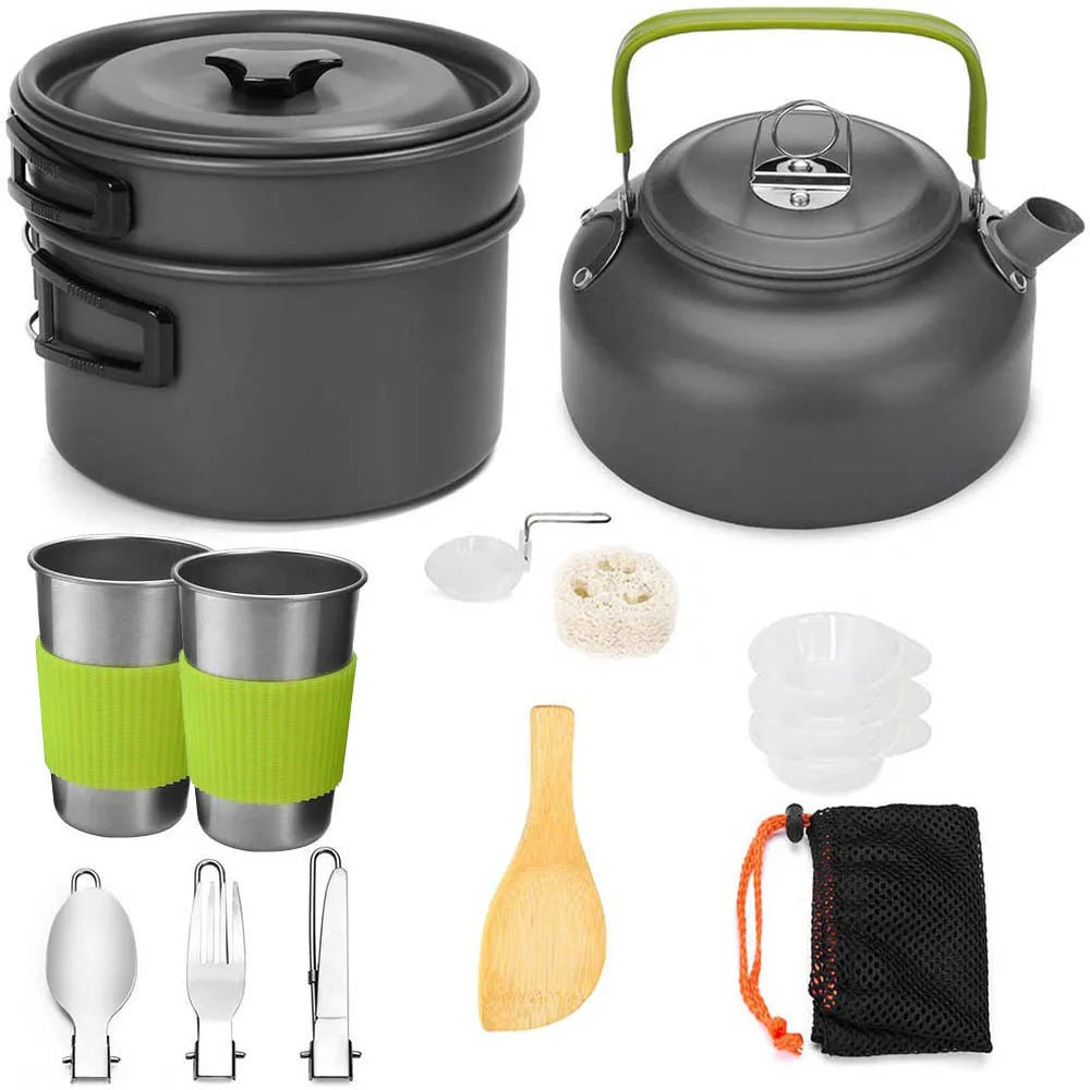 Outdoor Camping Cookware Set with Pot, Cup, Tableware, Water Kettle, Pan, Cutlery Utensils - Ideal for Hiking, Picnics, and Travel