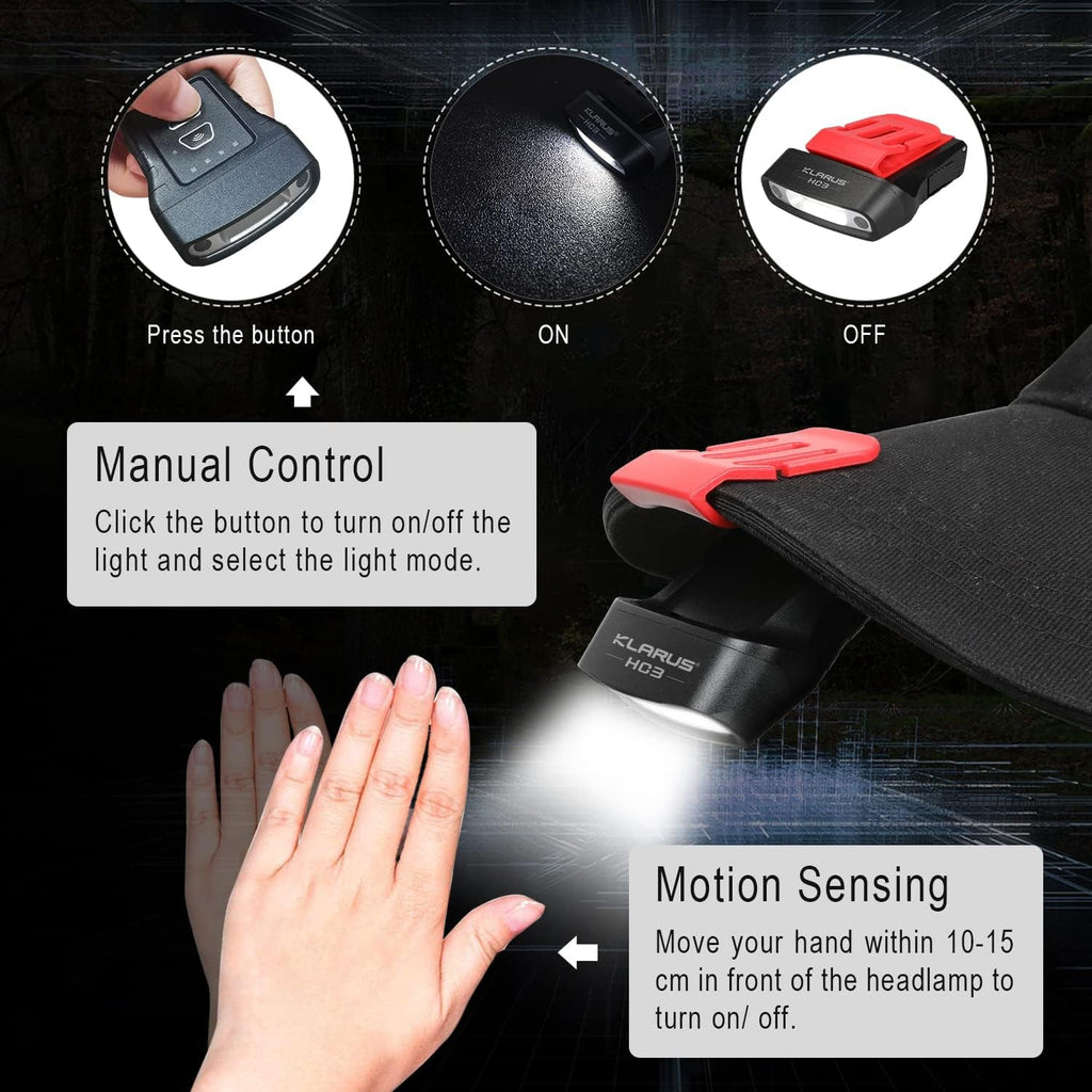 Klarus HC3 Rechargeable Motion Sensor Cap Visor Light - 100 Lumens COB LED Clip on Hat Light - Headlamp Flashlight with Red Light for Fishing Running Camping Reading