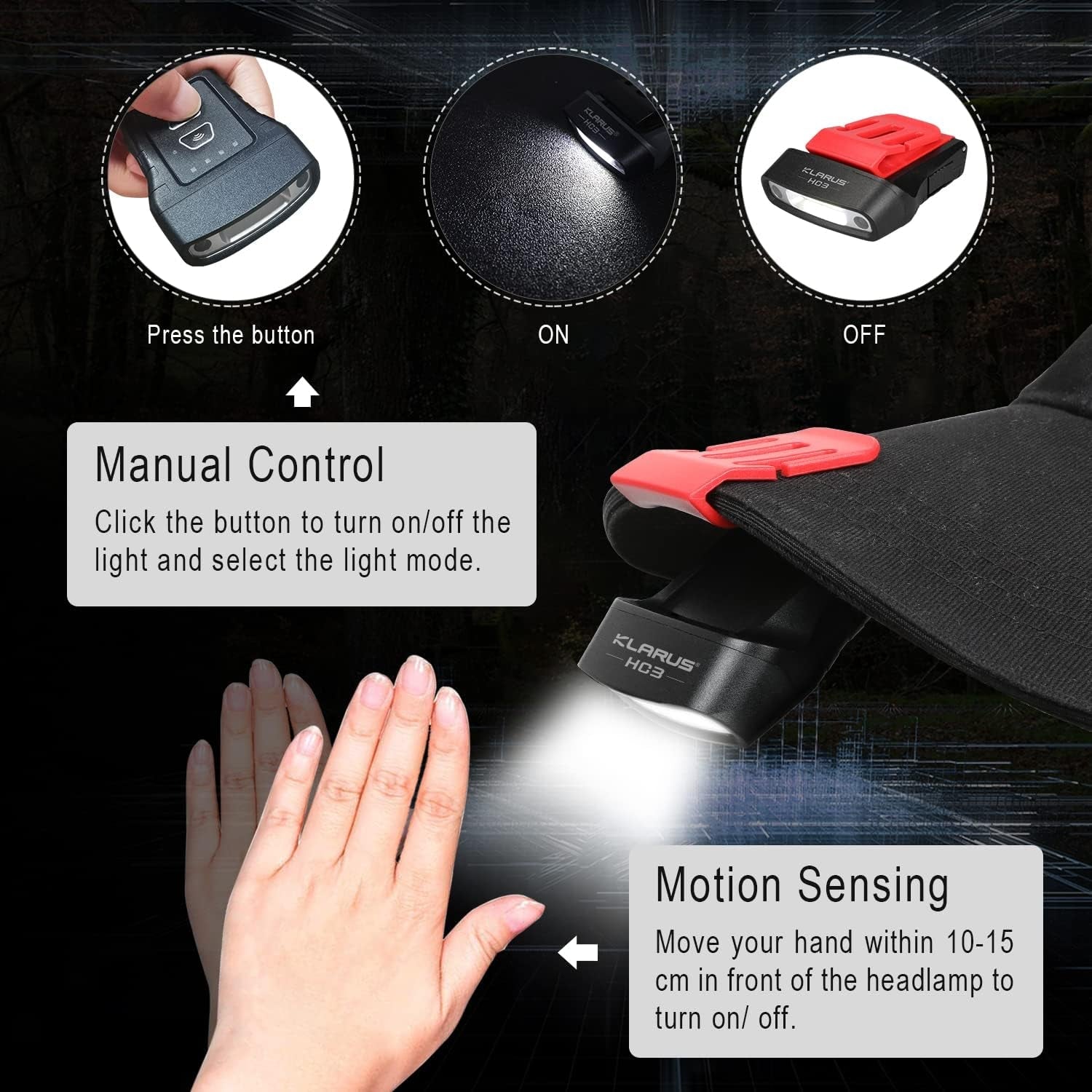 Klarus HC3 Rechargeable Motion Sensor Cap Visor Light - 100 Lumens COB LED Clip on Hat Light - Headlamp Flashlight with Red Light for Fishing Running Camping Reading