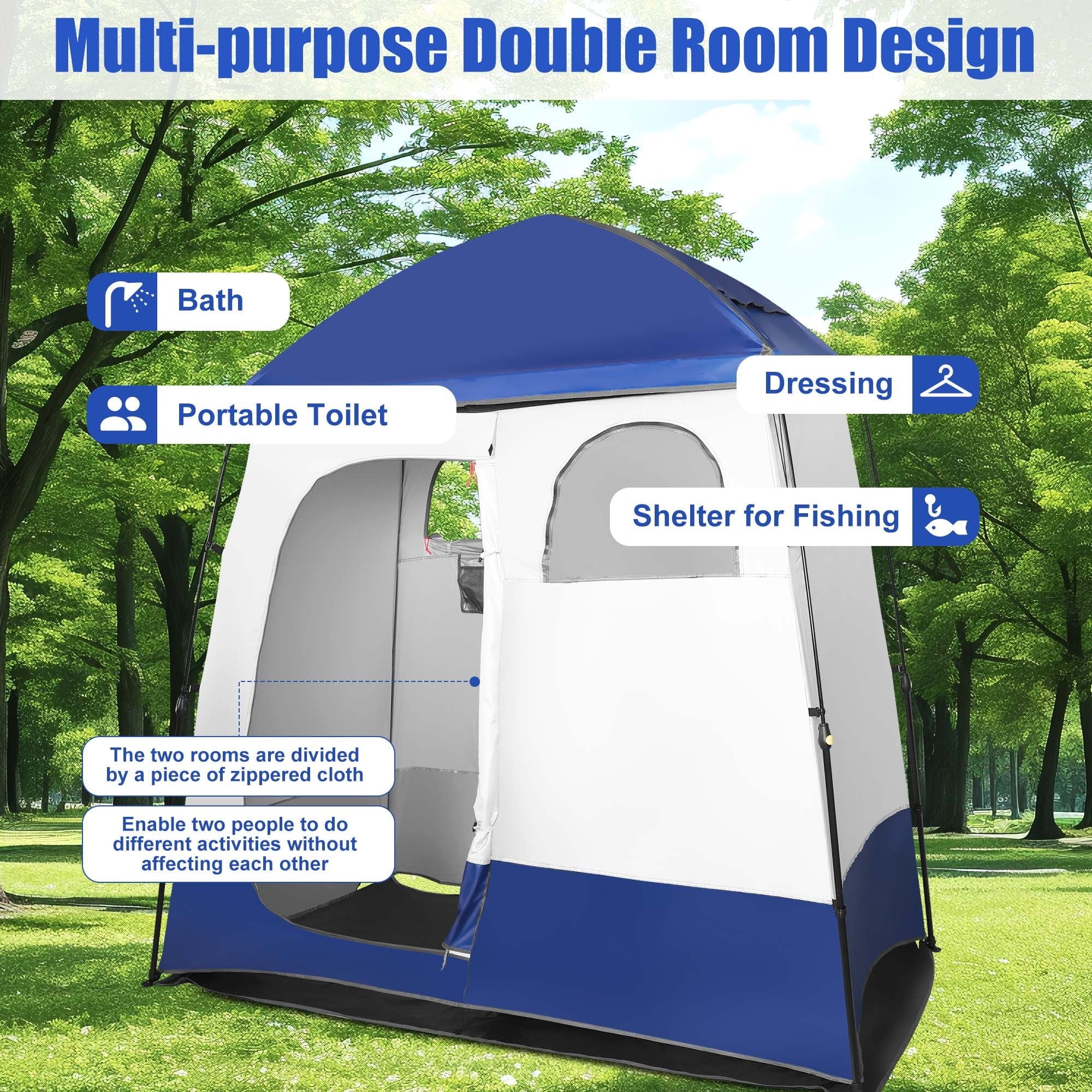 Outdoor Camping Shower Tent with Oversized Space and Privacy, Portable Changing Room with Floor, Easy Setup Privacy Shelter for Camping - 2 Rooms Toilet Tent
