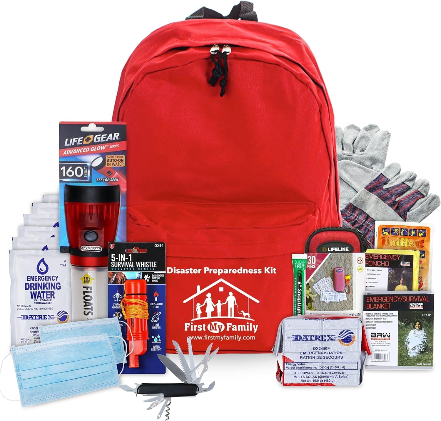 All-In-One Premium Disaster Preparedness Survival Kit with 72 Hours of Survival and First-Aid Supplies by First My Family