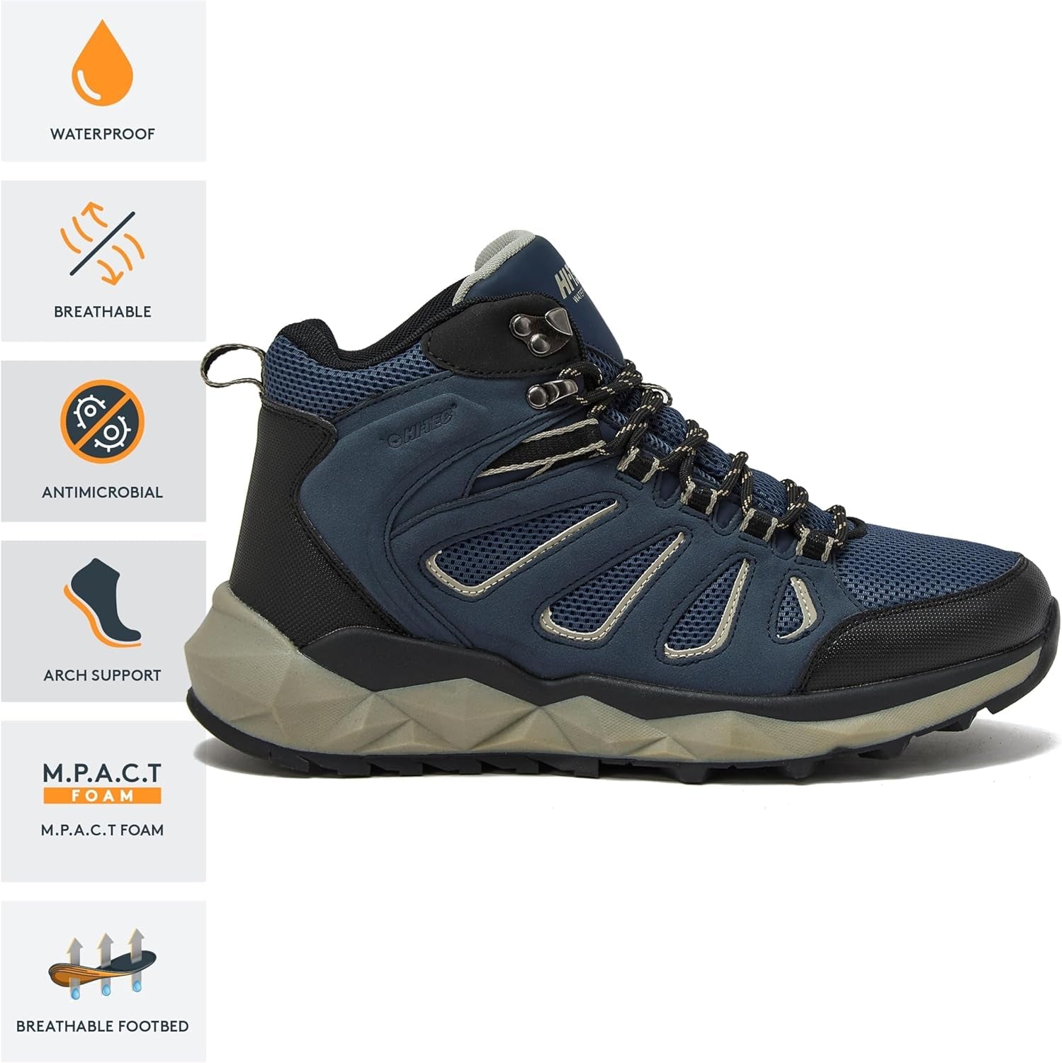 HI-TEC Valley Geo Mid Waterproof Hiking Boots for Men, Lightweight Breathable Outdoor Trekking and Trail Sneakers