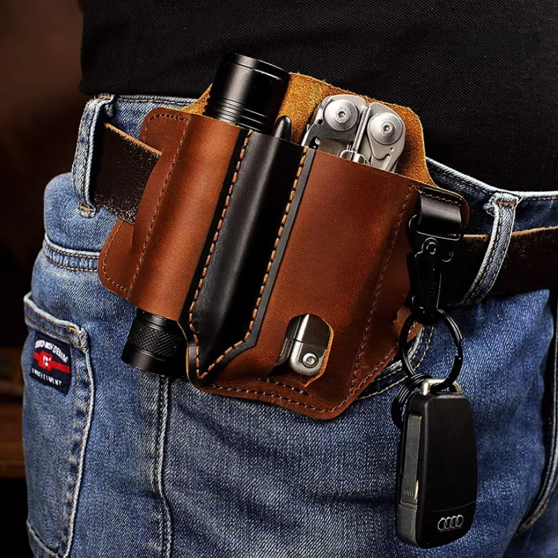 Genuine Leather Multitool Sheath – EDC Belt Pouch Holster for Knife, Flashlight & Tool