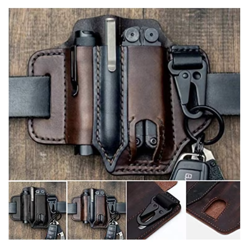 Genuine Leather Multitool Sheath – EDC Belt Pouch Holster for Knife, Flashlight & Tool