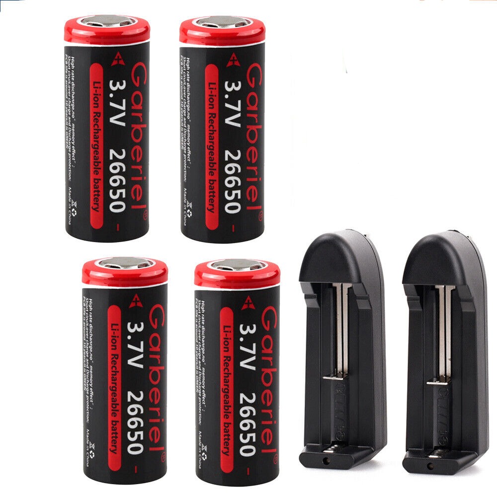 26650 Li-ion 3.7V Rechargeable Batteries – Flat Top, High Capacity Pack of 2