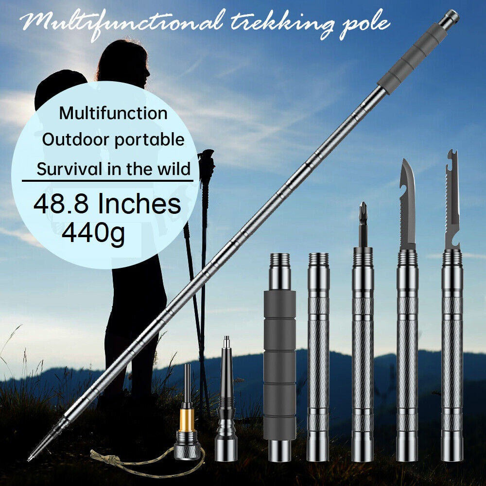 Tactical Hiking Walking Stick – Collapsible Survival Trekking Pole with Compass, Knife, Firestarter & Tungsten Icebreaker