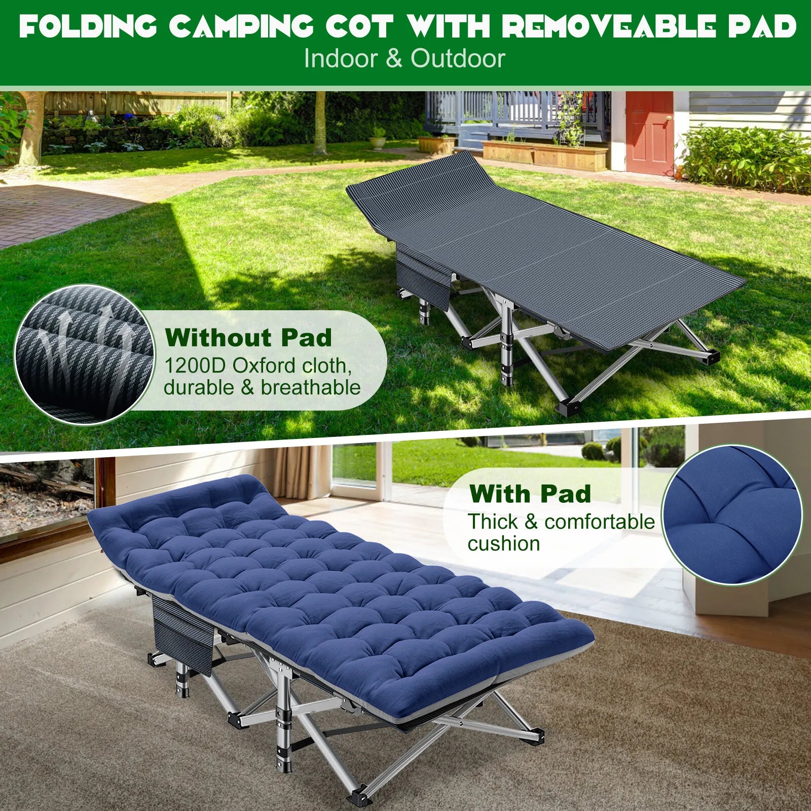 Heavy-Duty Camping Cot with Mattress – Portable Folding Outdoor Bed for Adults & Kids