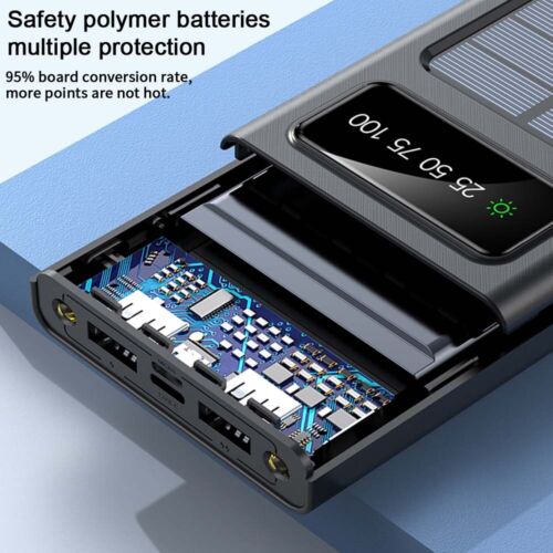 Super 30000mAh Solar Power Bank – Portable Waterproof Charger with 4 USB Ports & Built-In Cables