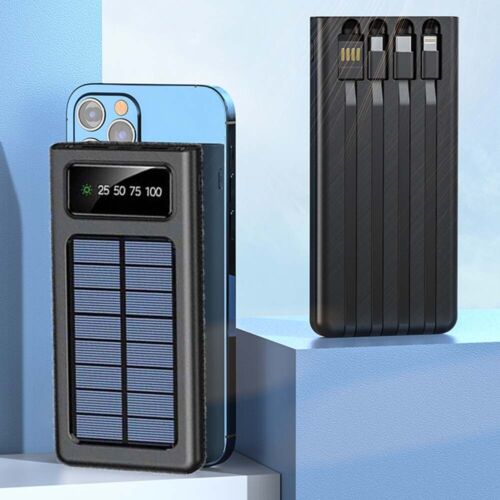 Super 30000mAh Solar Power Bank – Portable Waterproof Charger with 4 USB Ports & Built-In Cables